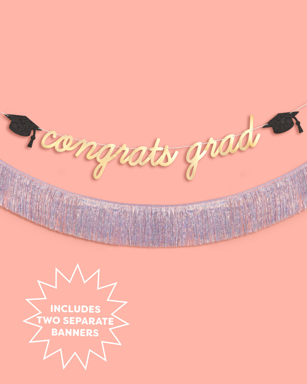 Graduation-themed decorative banner with 'congrats grad' text on a pink background