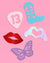 Decorative cutouts of a cowboy boot, number 13, lips, heart, and butterfly on a pink background.