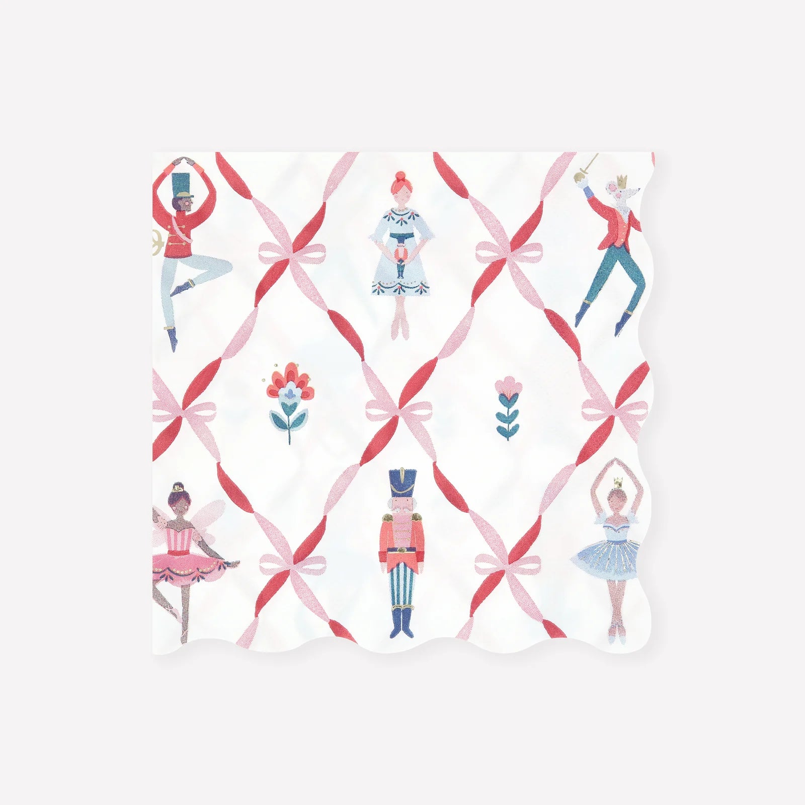 Pattern with ballet dancers, nutcrackers, and pink ribbons on a white background