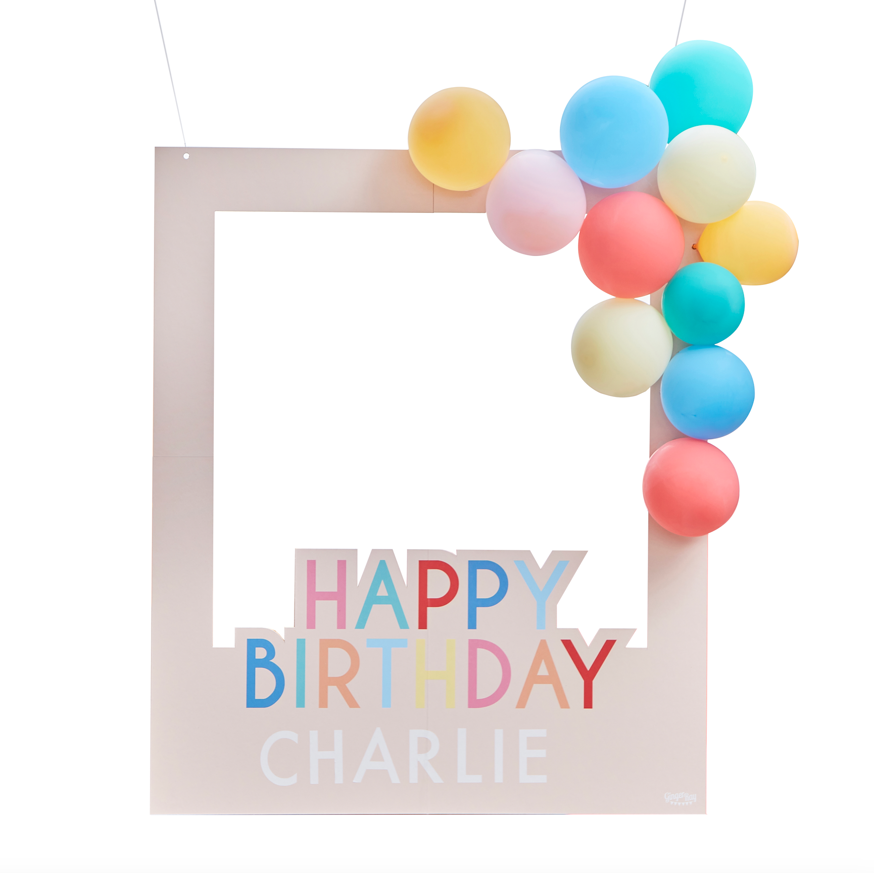 Customizable Multicolored Happy Birthday Photo Booth Frame with Balloons