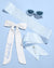 White sash with 'bride to be' text, sunglasses, and a brooch on a light blue background