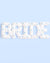 White balloon letters spelling 'BRIDE' with blue bow decorations on a light blue background
