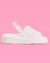 White fuzzy slide sandal with 'Bride' text on a pink background
