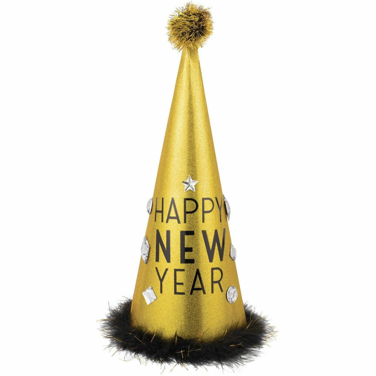 Happy New Year Gold Tinsel Cone Hat