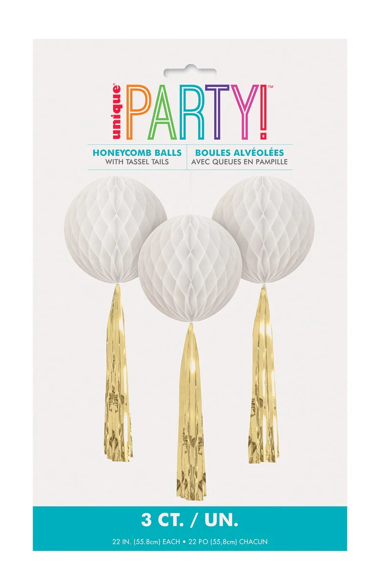 White Honeycomb Balls with Gold Tassels