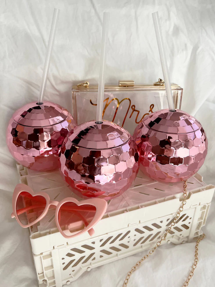 Pink Disco Ball Sipper Cups with Straw