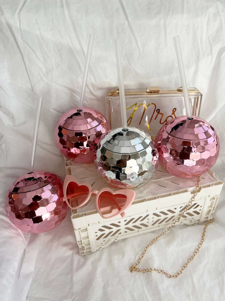 Pink Disco Ball Sipper Cups with Straw