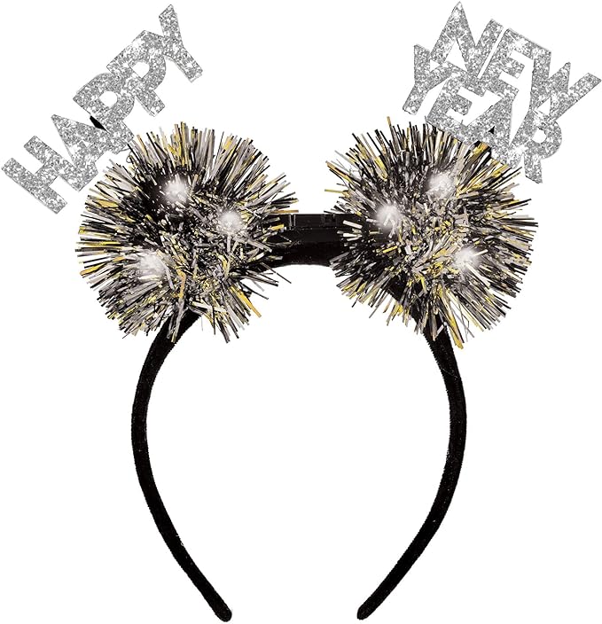 Happy New Year Light-Up Pom Pom Glitter & Foil Headband