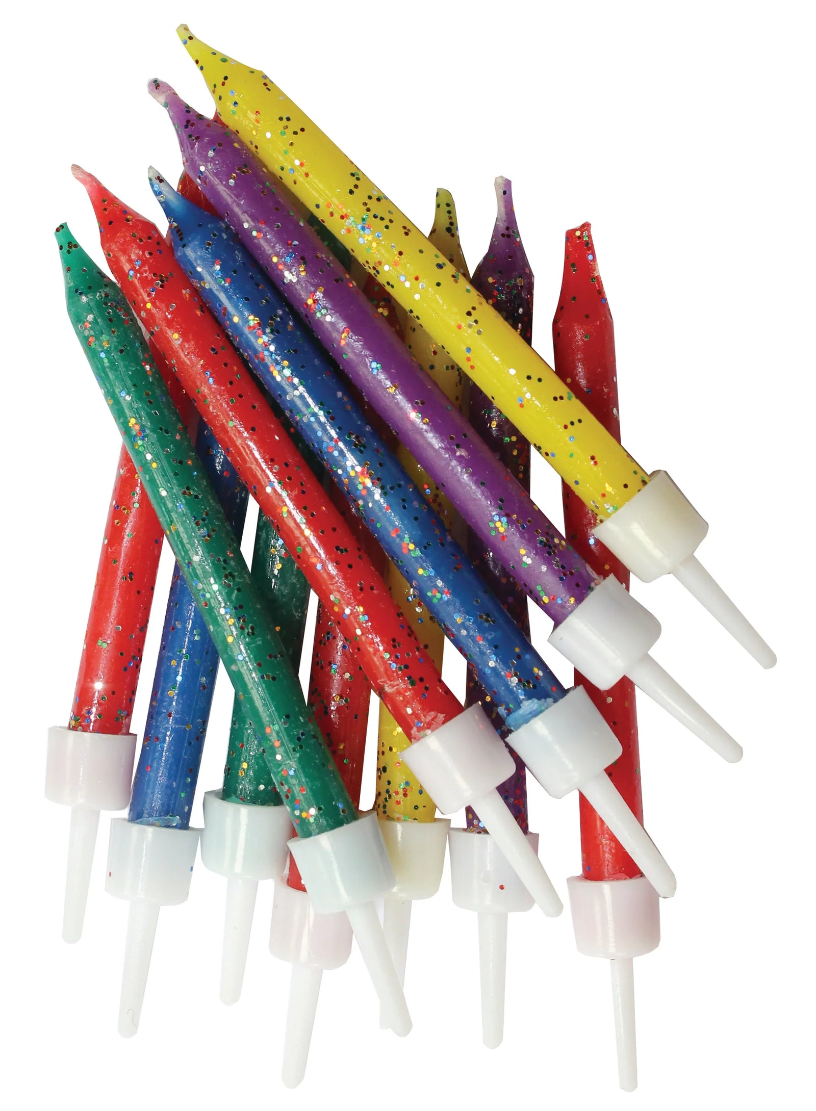 Multi-Colored Glittery Cake Candles with Holders