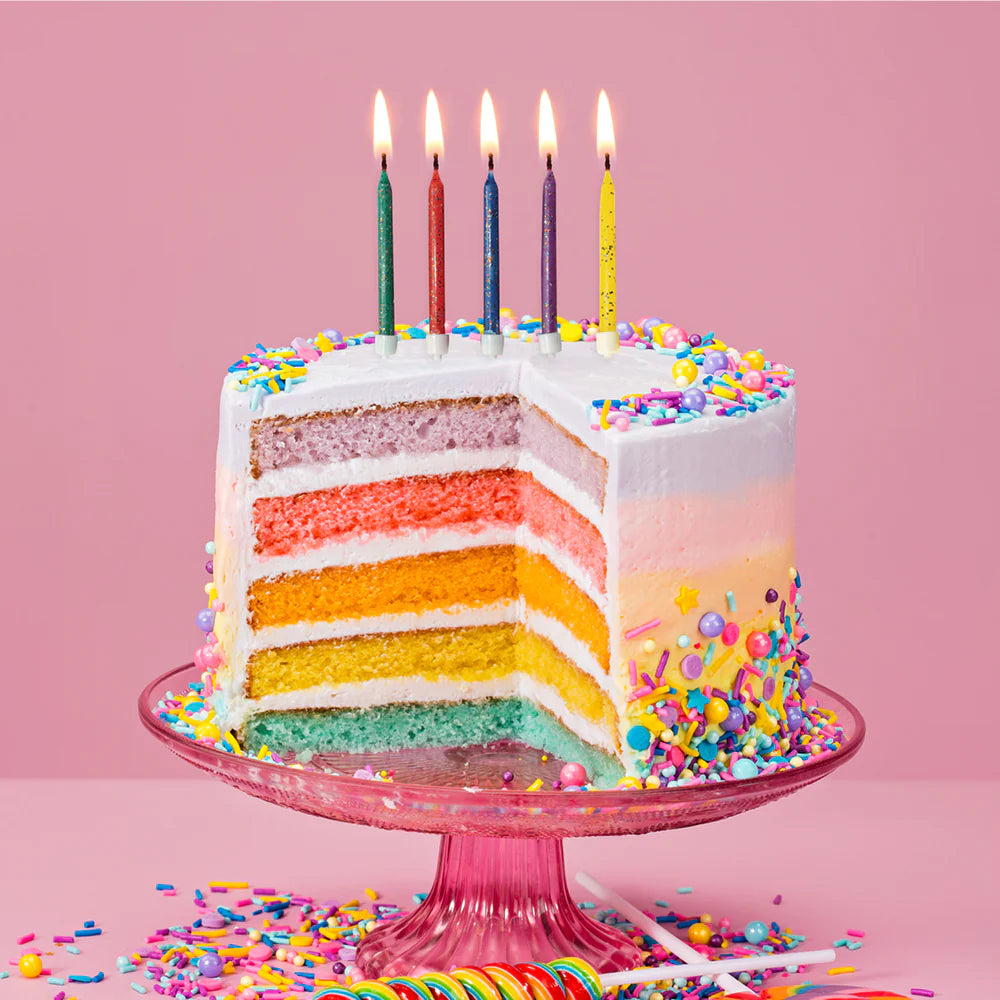 Multi-Colored Glittery Cake Candles with Holders