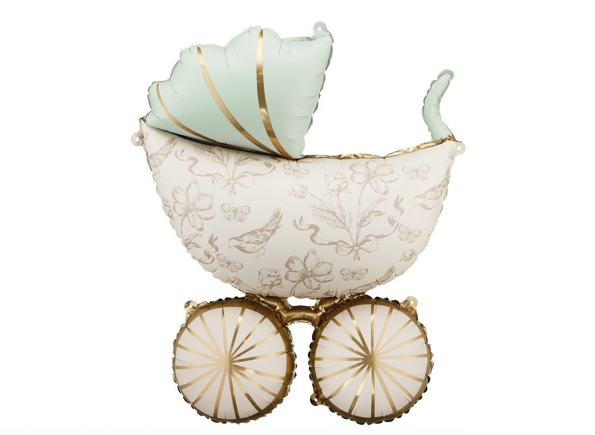 Decorative baby carriage with floral patterns on a white background
