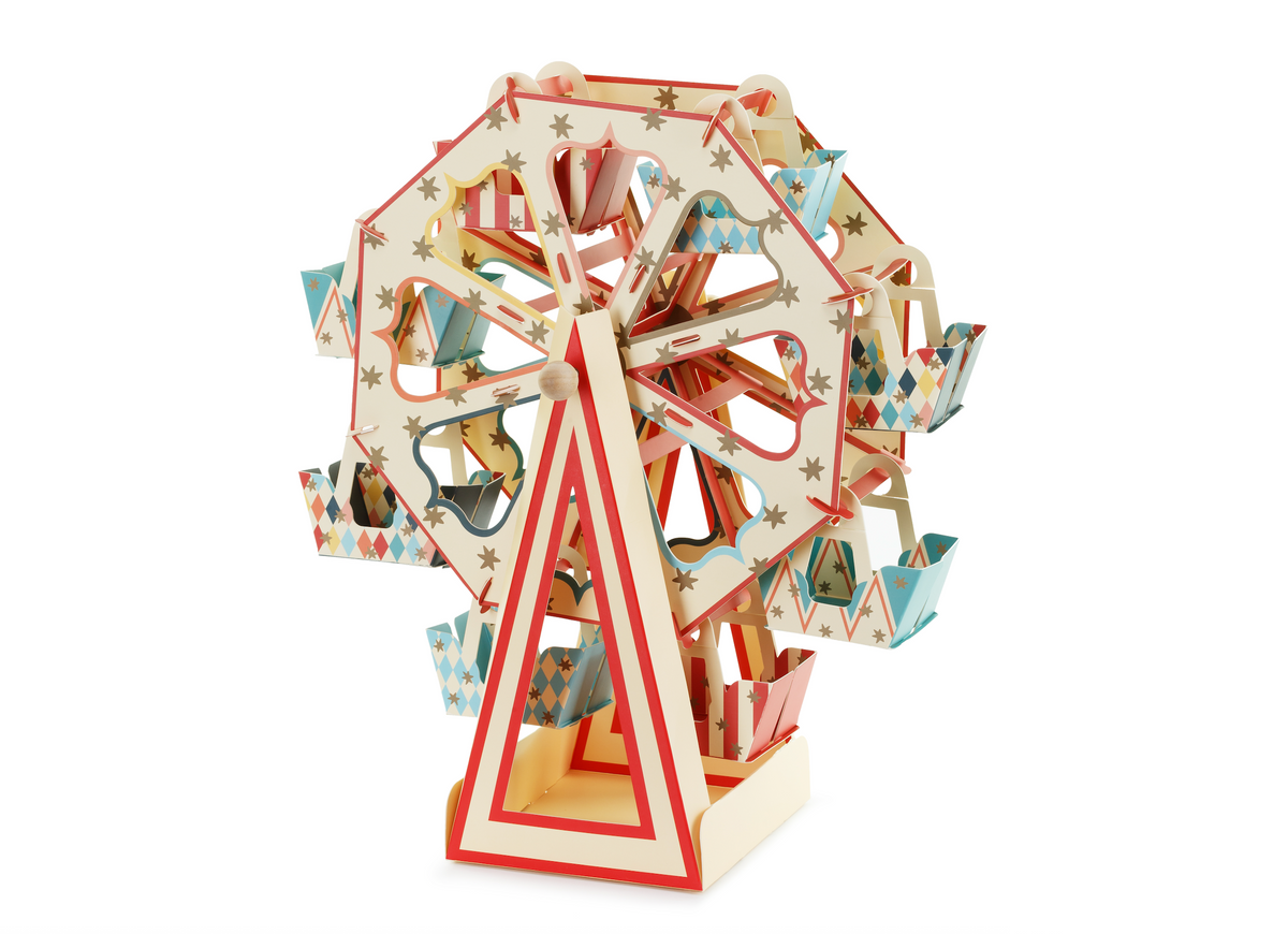 Wooden model of a Ferris wheel on a white background