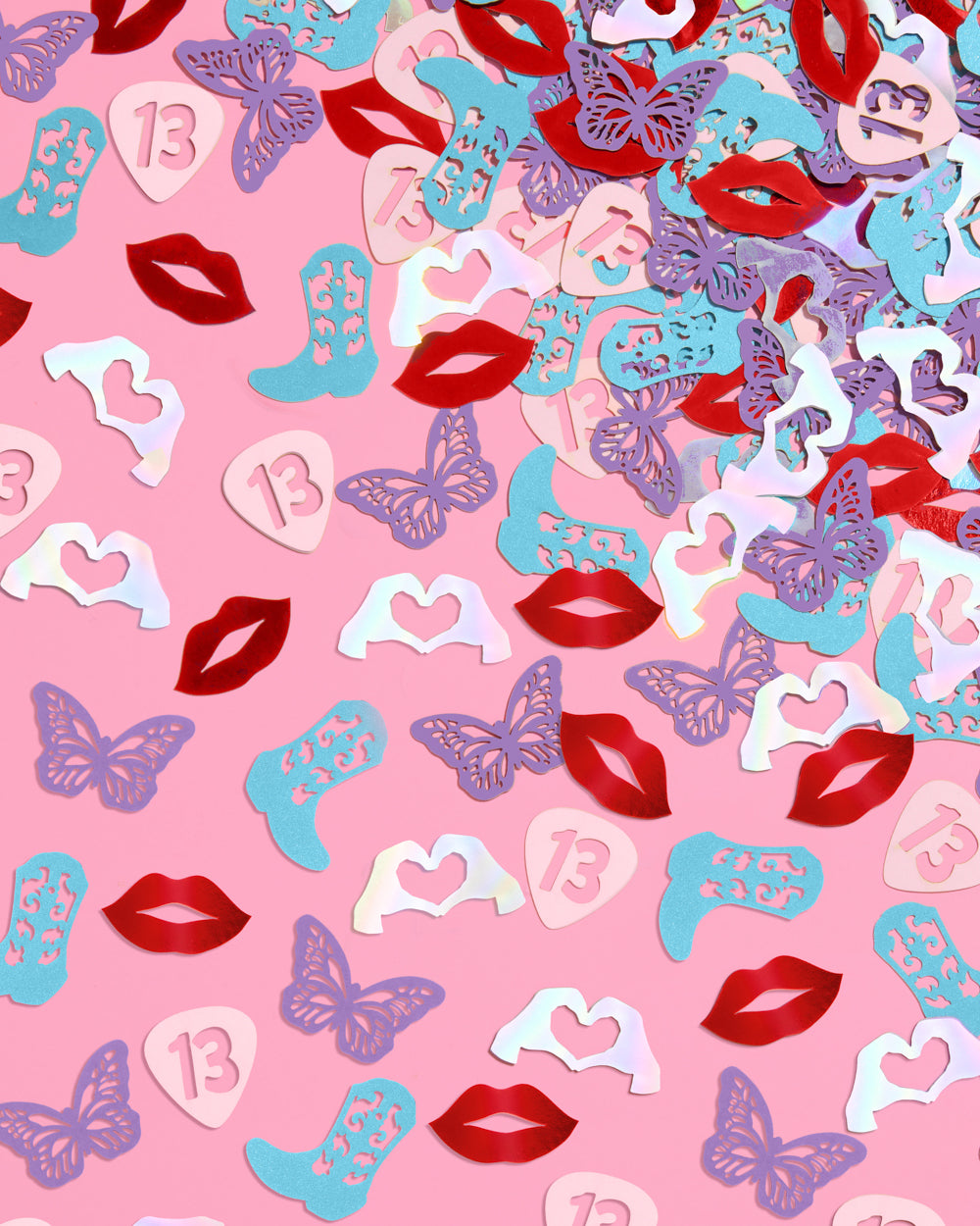 Colorful pattern of lips, hearts, and butterflies on a pink background