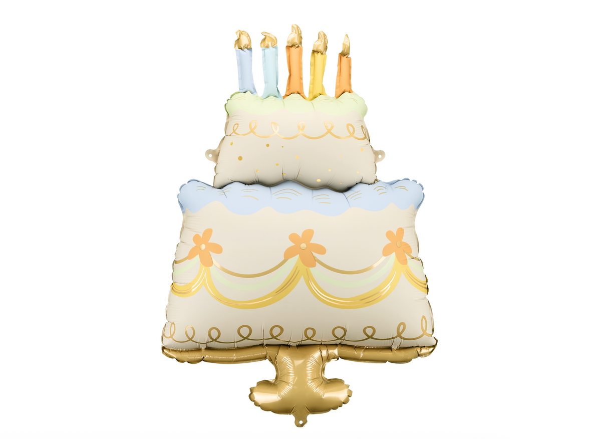 Balloon shaped like a birthday cake with candles on a white background