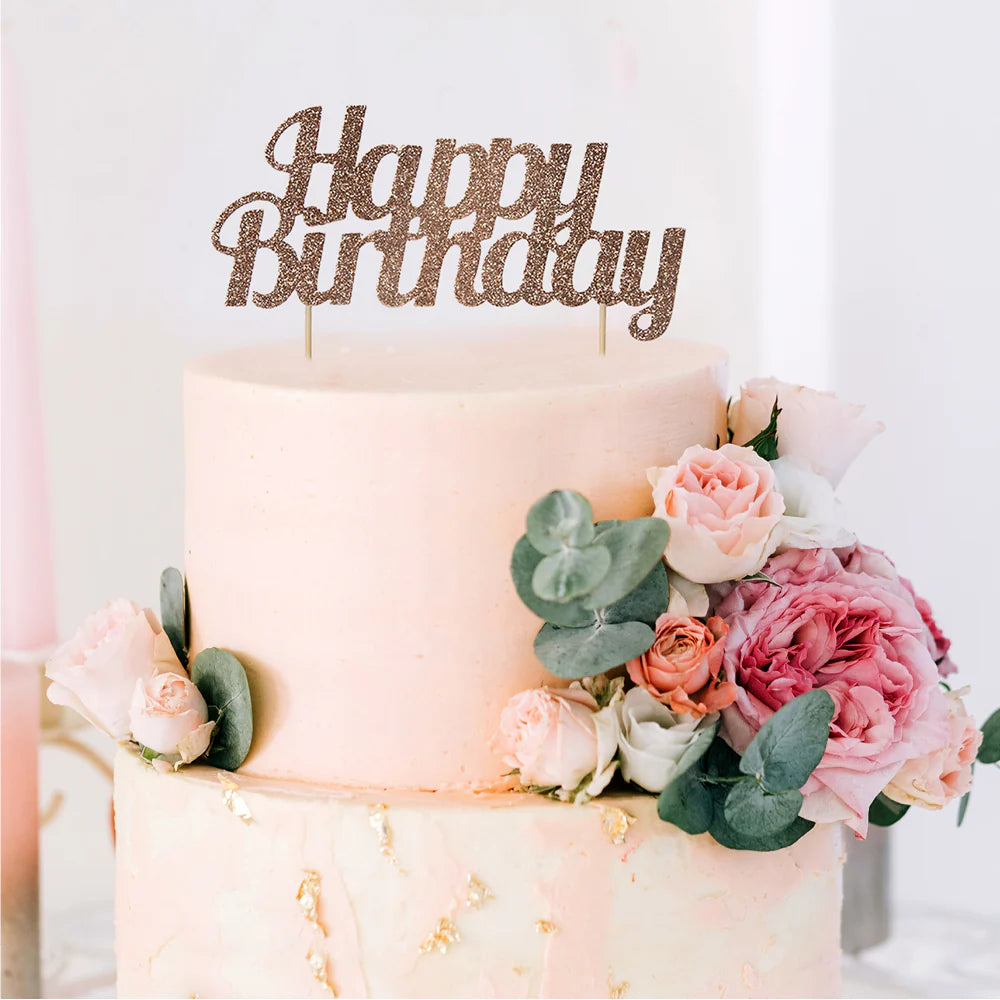 Happy Birthday Rose Gold Glitter Cake Topper
