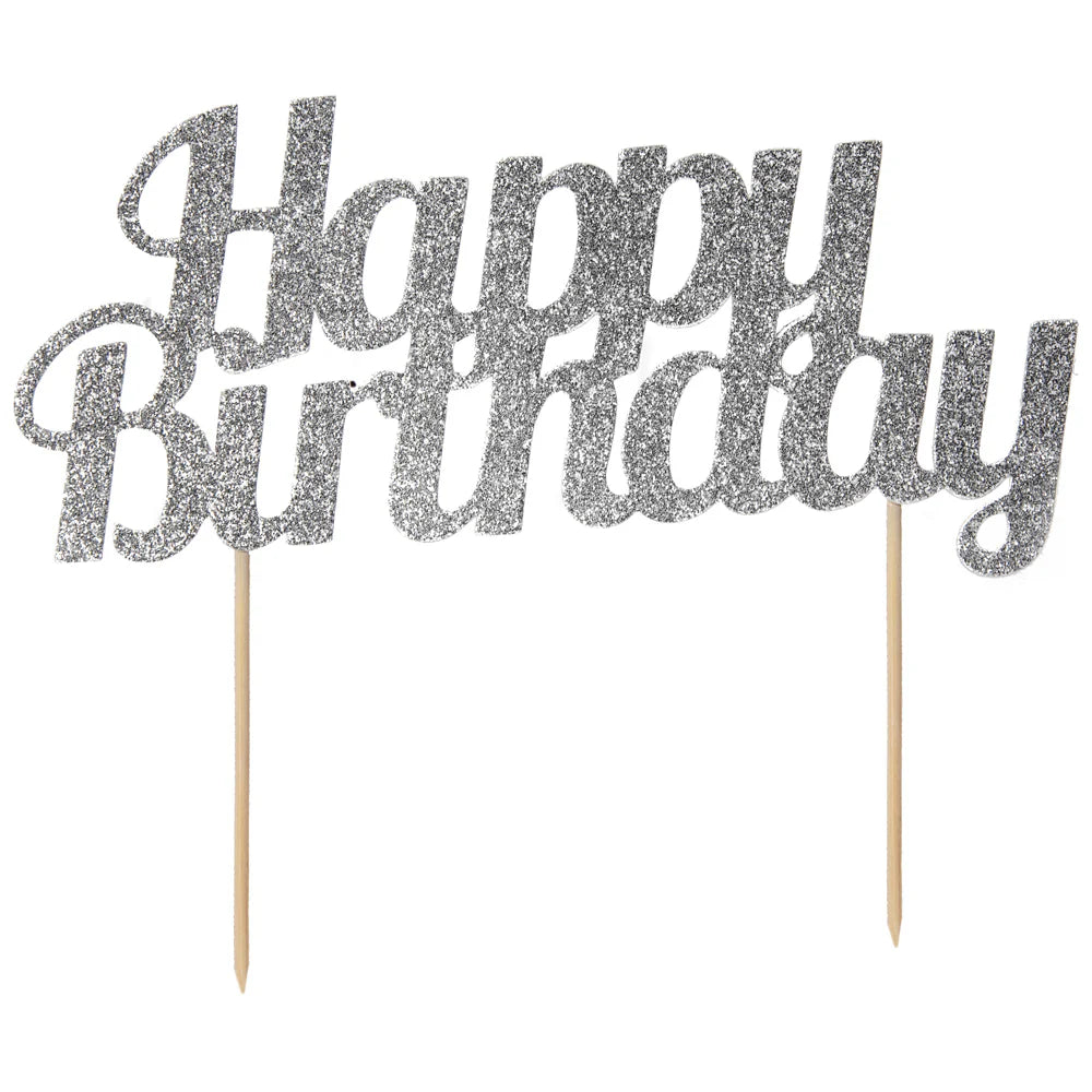Happy Birthday Silver Glitter Cake Topper