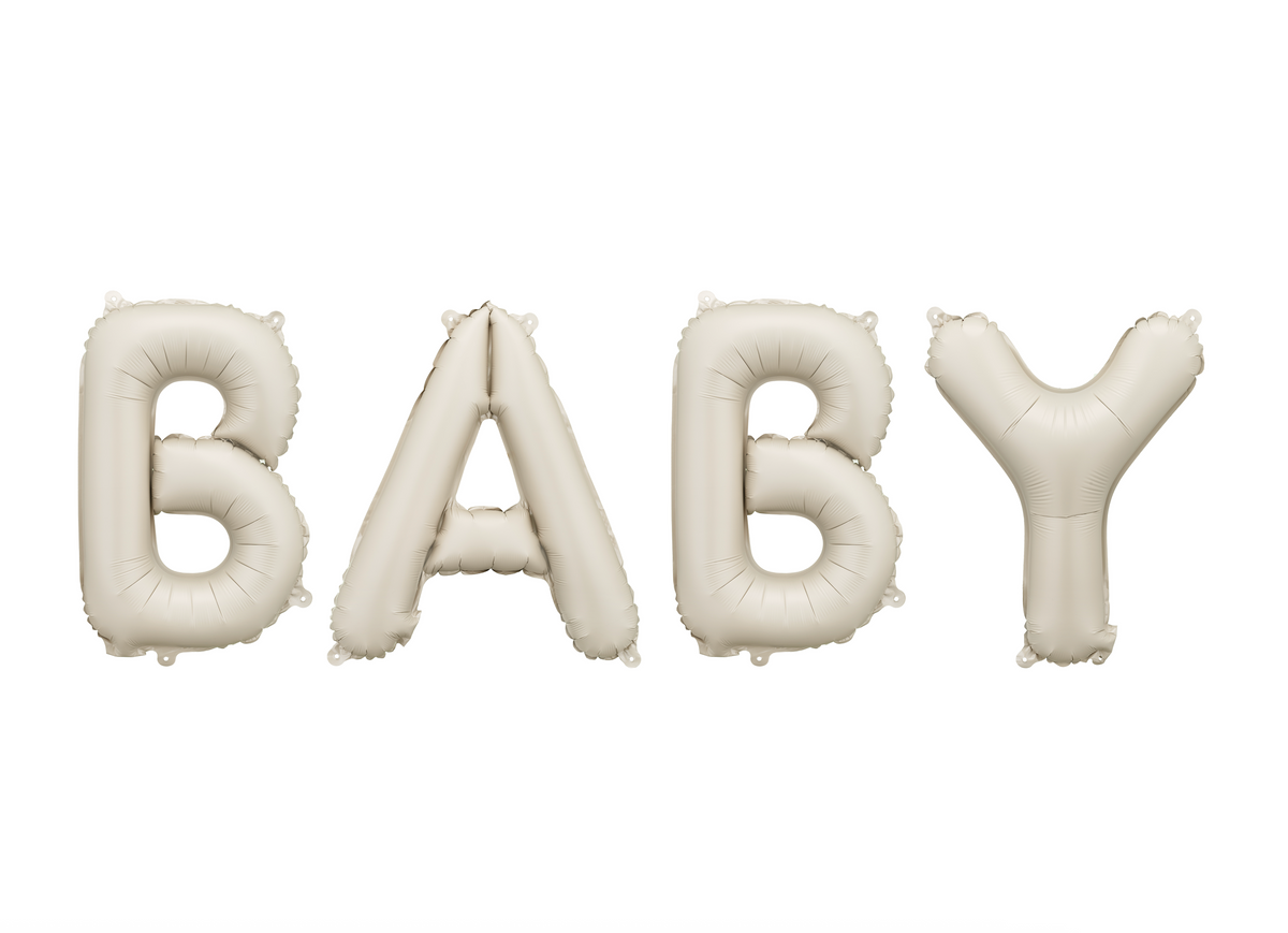 Balloon letters spelling &#39;BABY&#39; on a white background