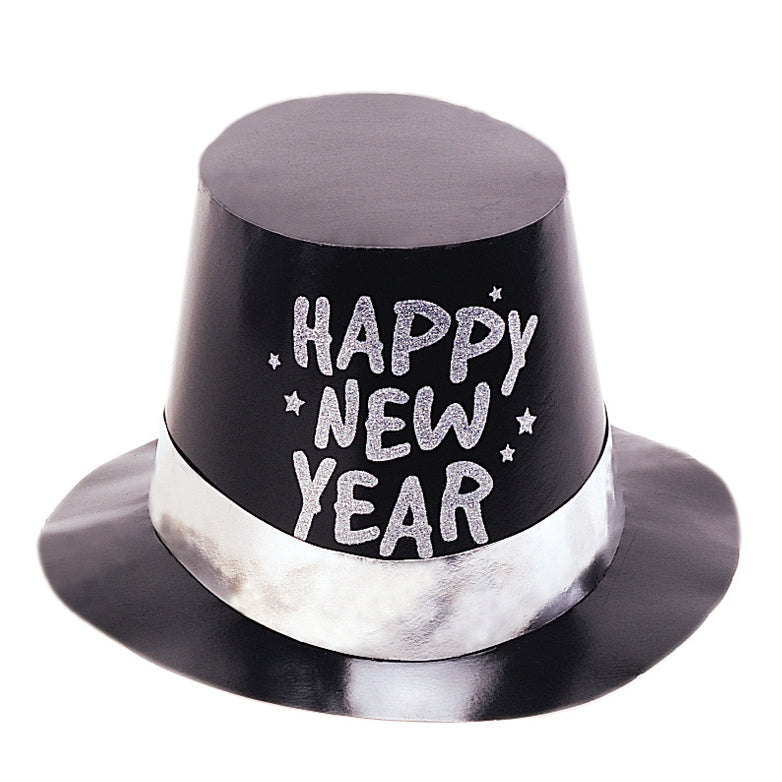 Black top hat with 'Happy New Year' text on a white background