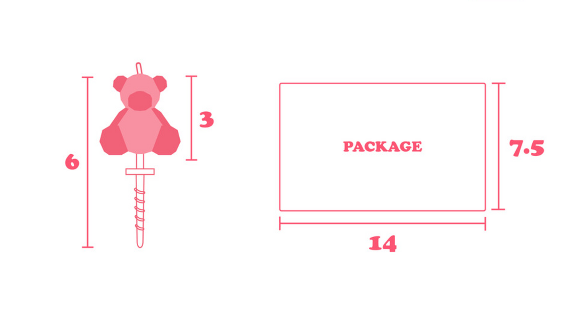 Dimensions of a pink teddy bear and package on a white background