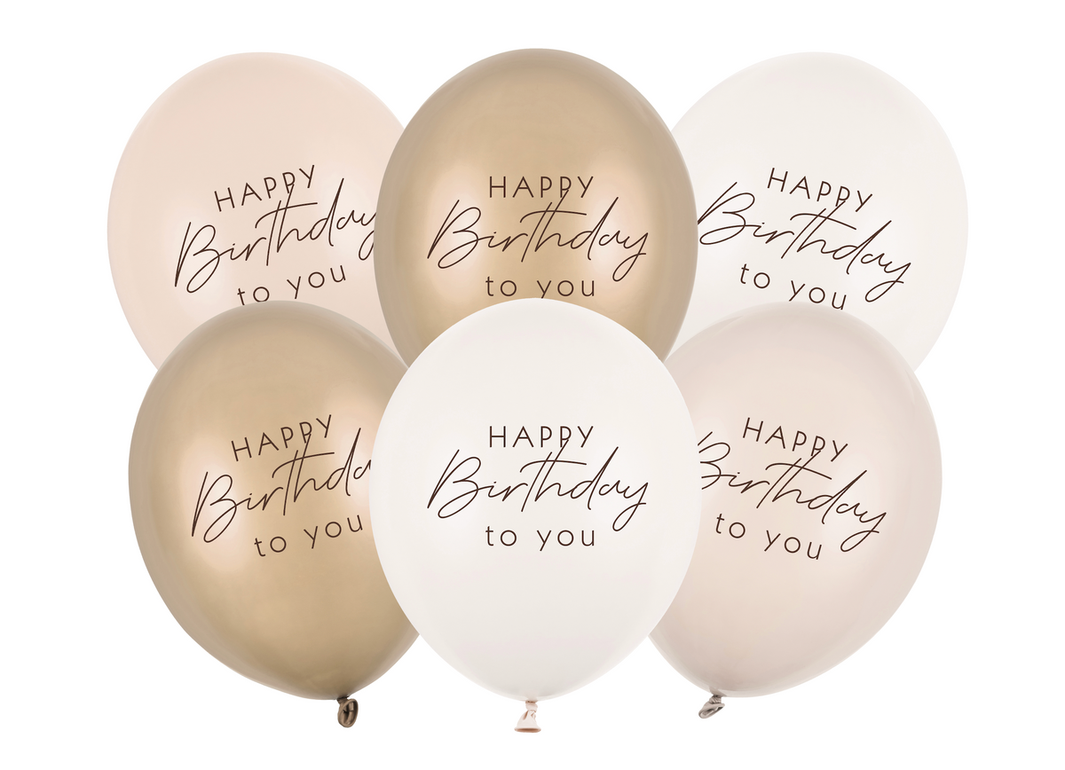 Set of six balloons with &#39;Happy Birthday to you&#39; text on a white background