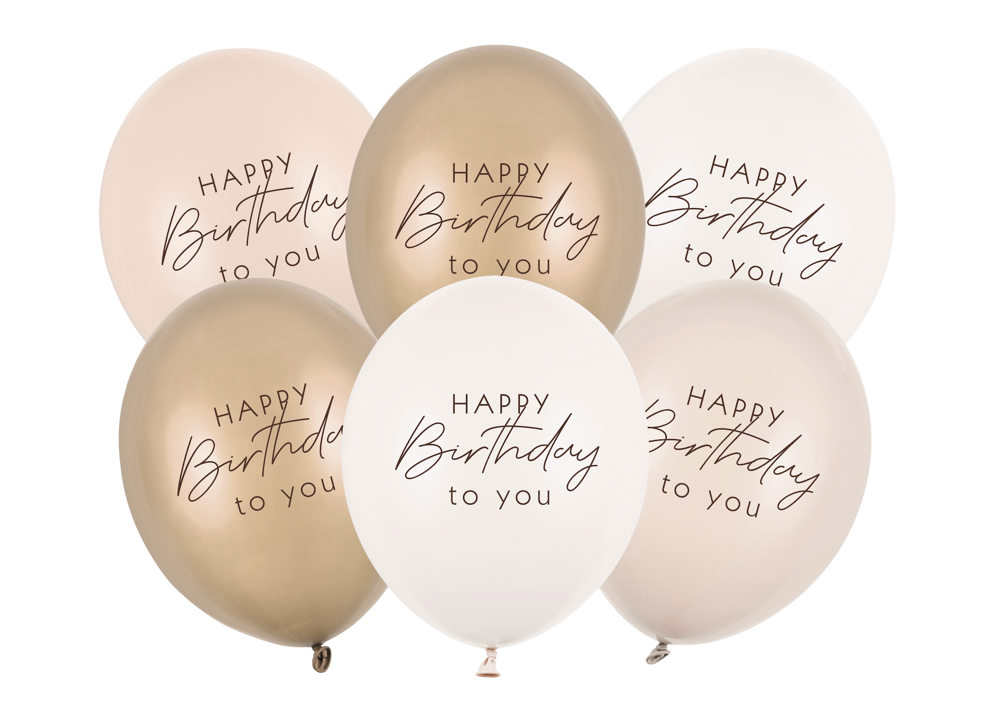 Set of six balloons with 'Happy Birthday to you' text on a white background