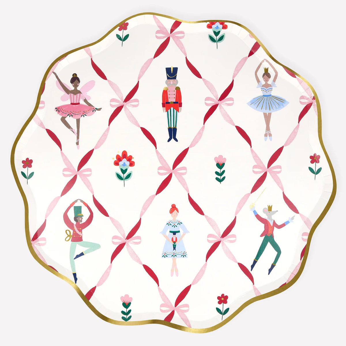 Decorative plate with ballet-themed design featuring dancers and bows on a white background.