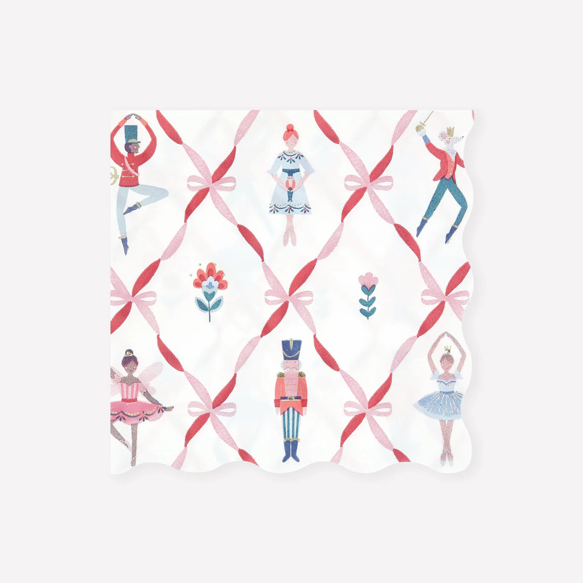 Pattern with ballet dancers, nutcrackers, and pink ribbons on a white background