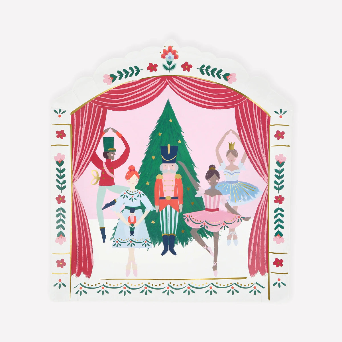 Illustration of characters from a Nutcracker ballet with a Christmas tree and red curtains on a white background.