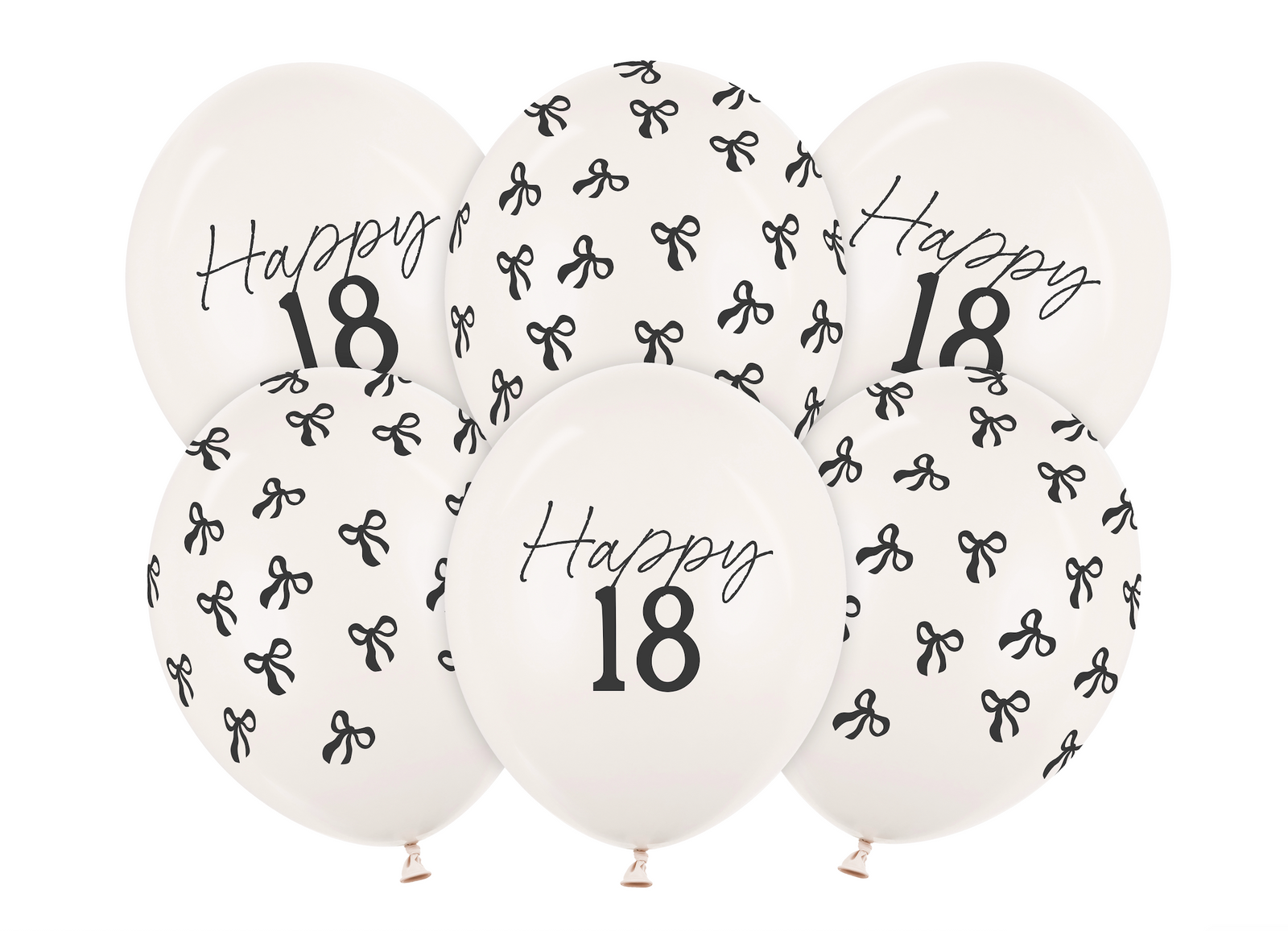 White balloons with black text and patterns, including 'Happy 18', on a white background.