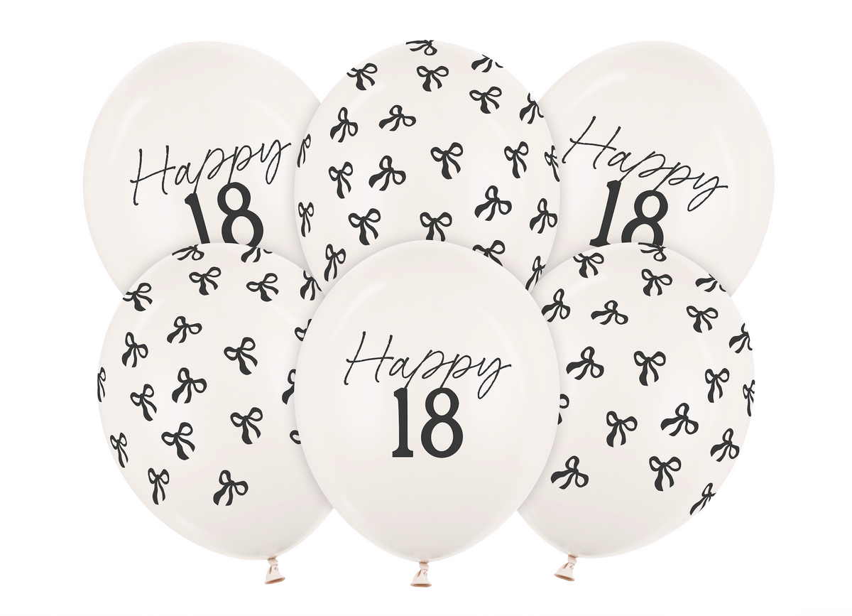 White balloons with black text and patterns, including &#39;Happy 18&#39;, on a white background.