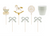 Decorative items on sticks including a baby carriage, rocking horse, and 'Oh Baby' sign with checkered cupcake liner.