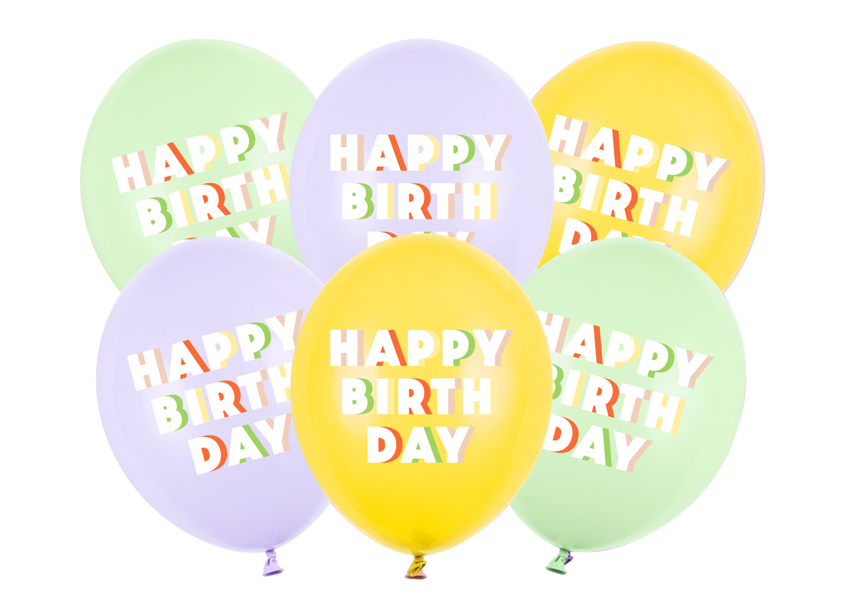 Set of colorful balloons with &#39;Happy Birthday&#39; text on a white background