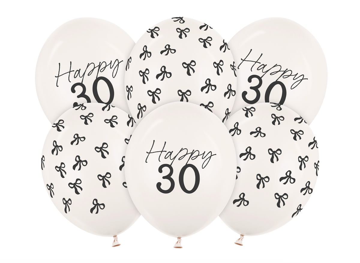 White balloons with 'Happy 30' text and black patterns on a white background
