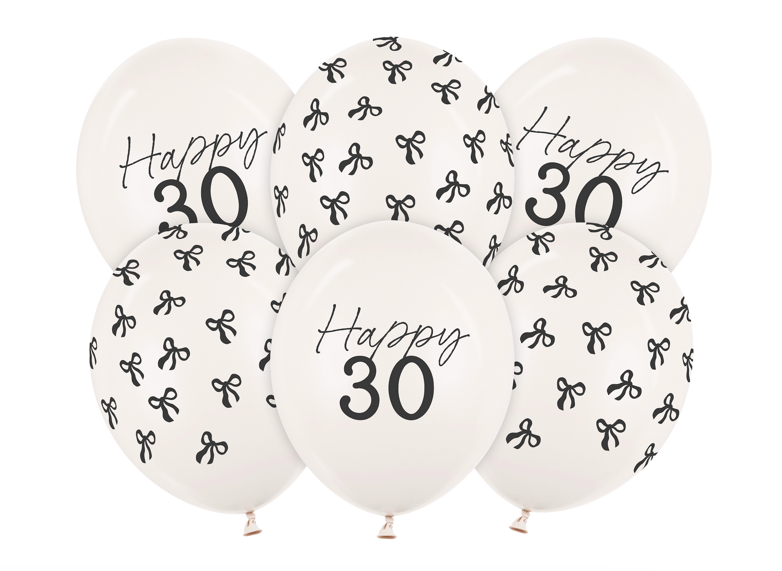 White balloons with 'Happy 30' text and black patterns on a white background