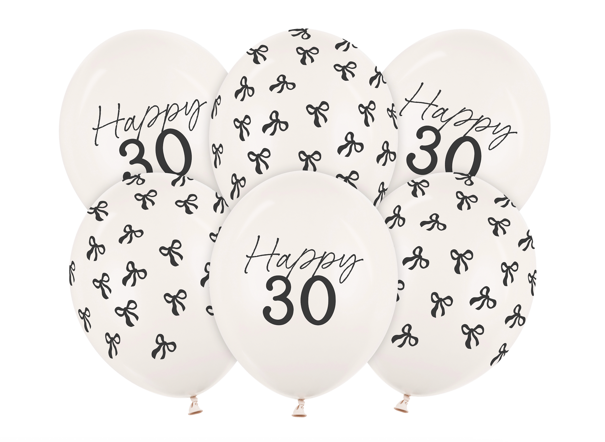 White balloons with 'Happy 30' text and black patterns on a white background