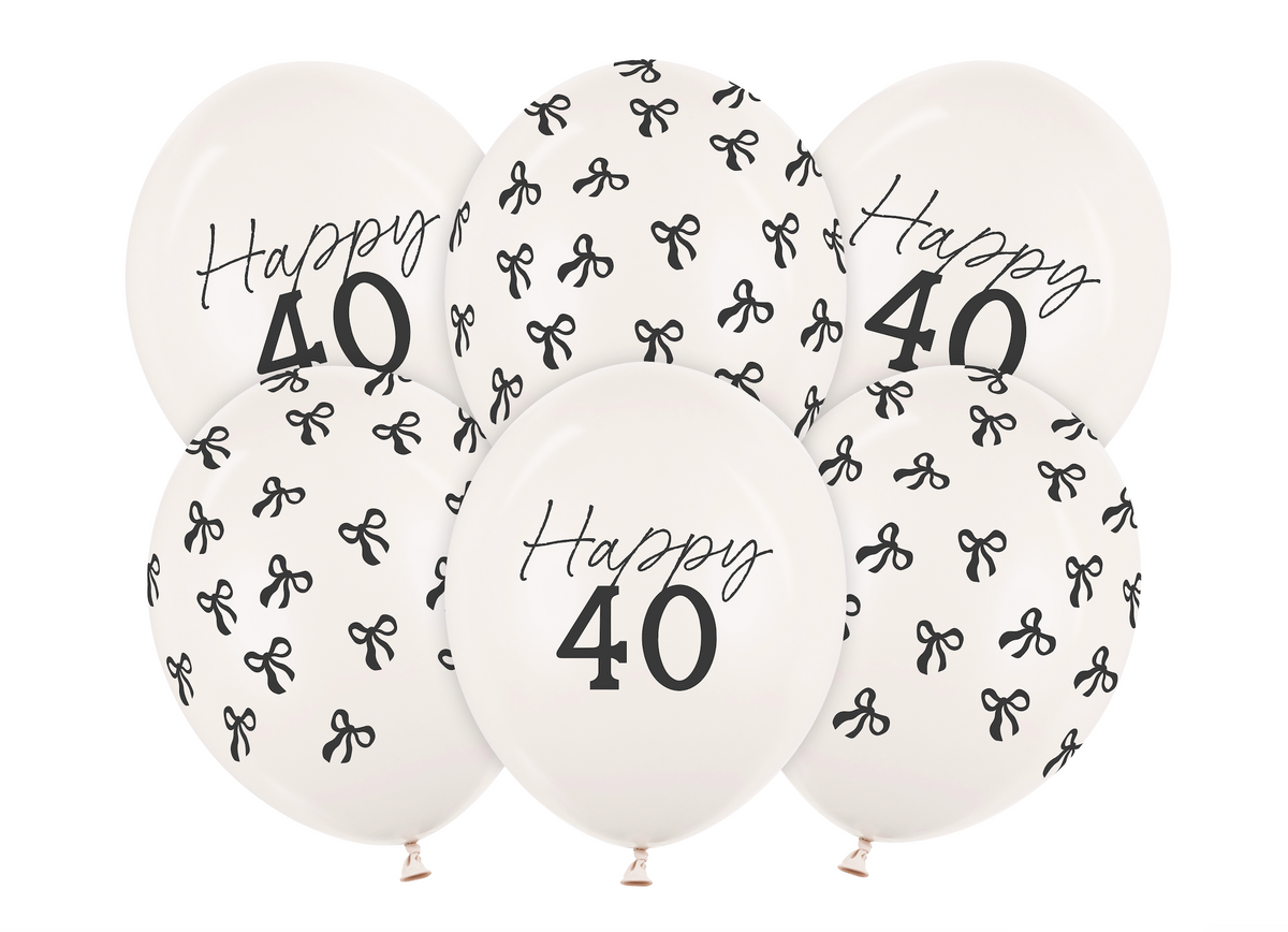 White balloons with 'Happy 40' text and black bow patterns on a white background