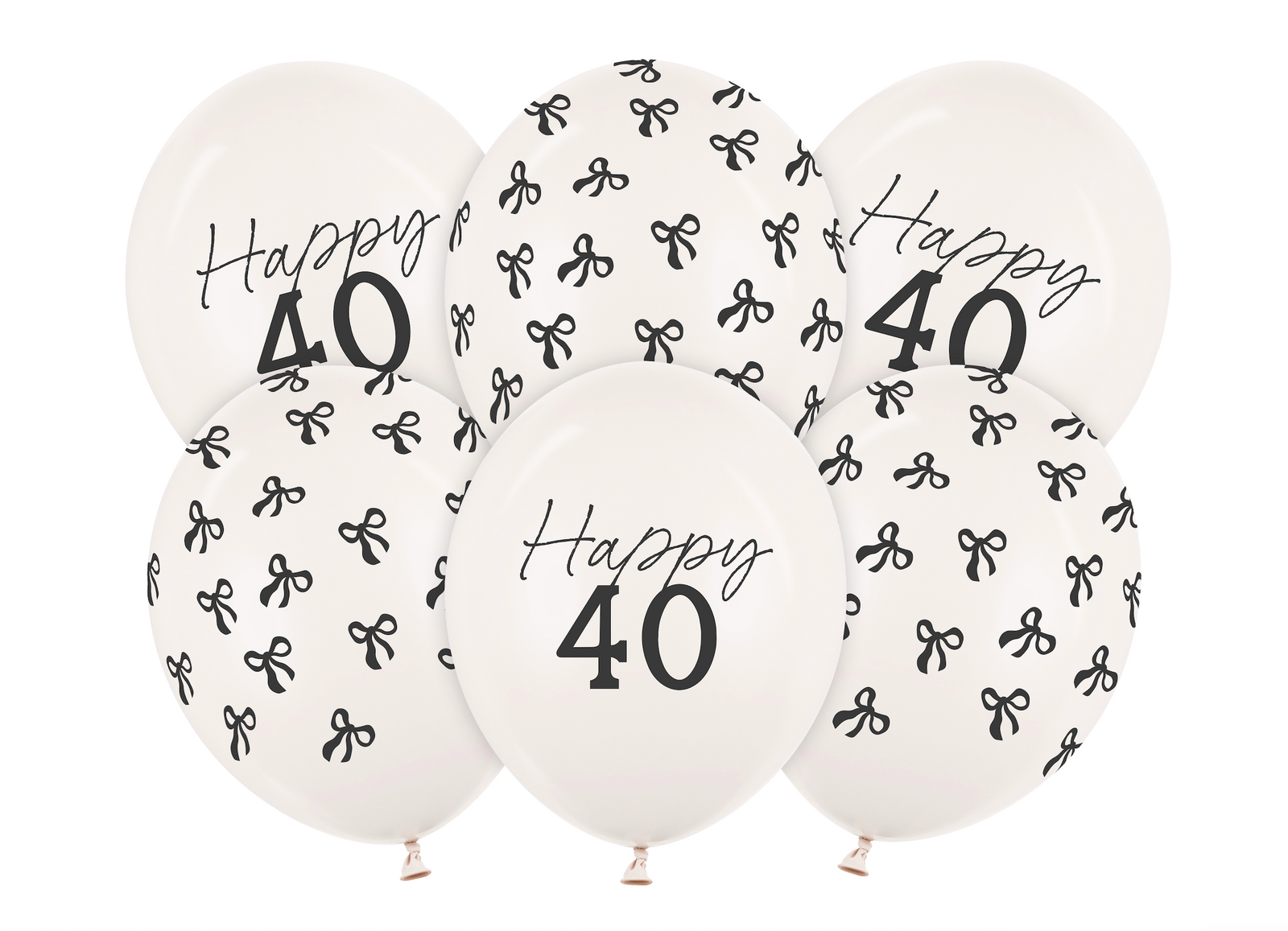 White balloons with 'Happy 40' text and black bow patterns on a white background
