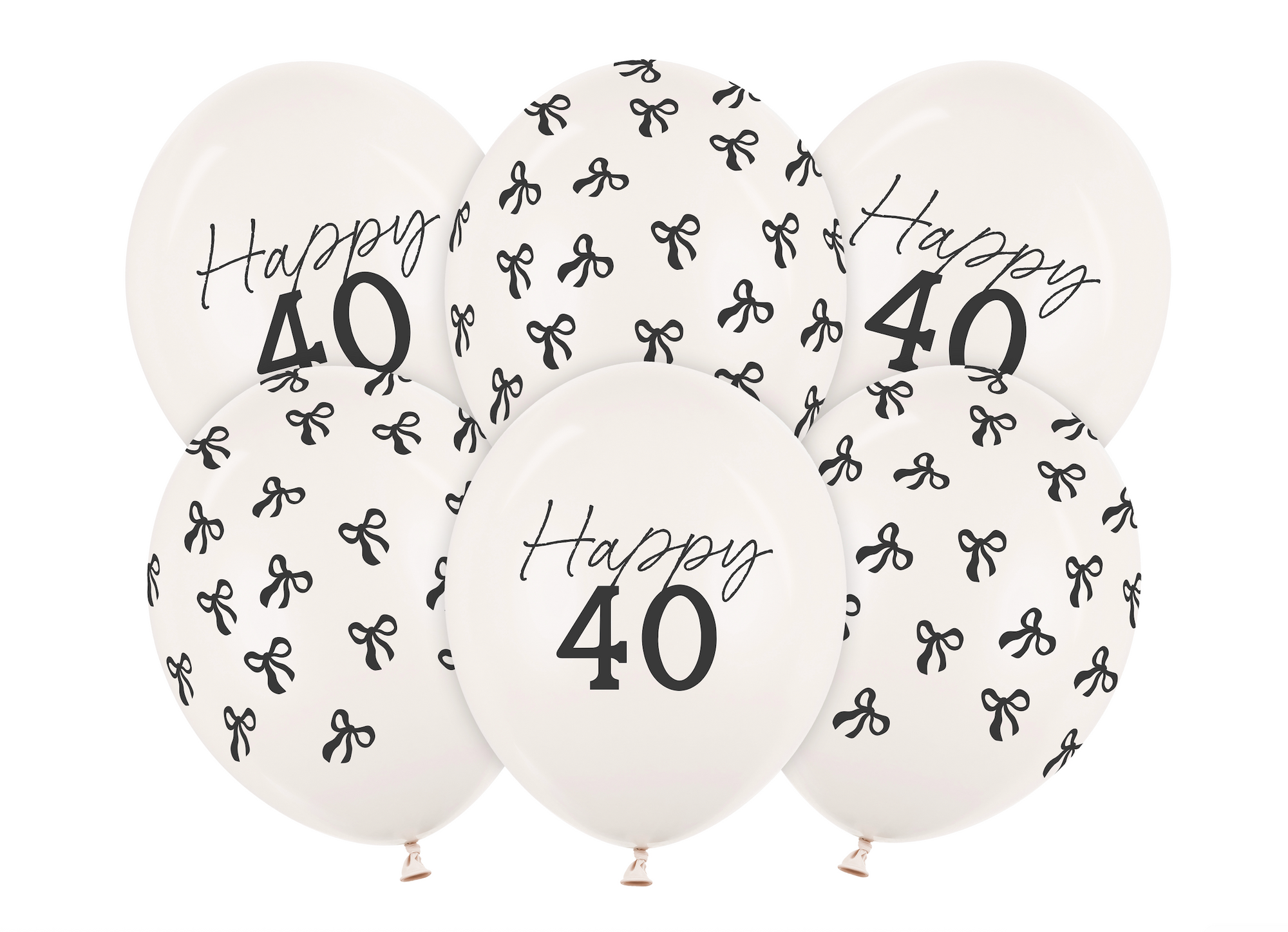 White balloons with 'Happy 40' text and black bow patterns on a white background