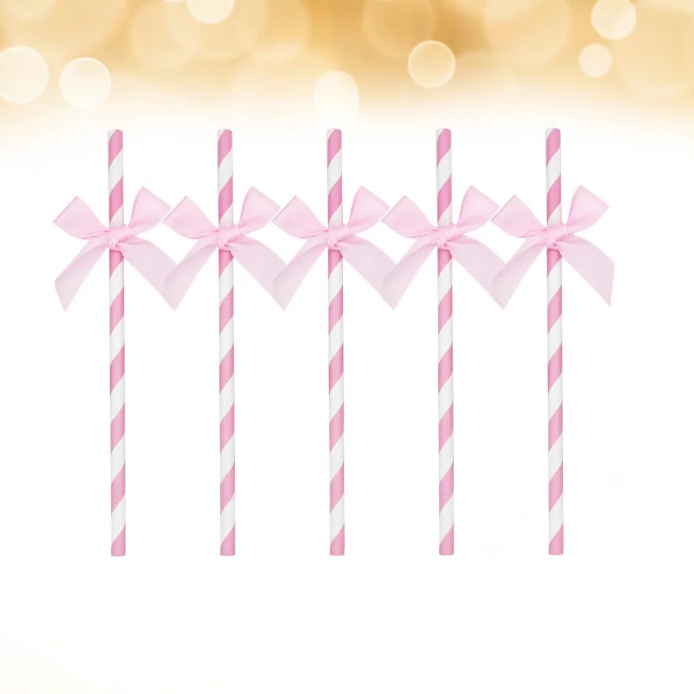 Pink Bow Striped Straws 