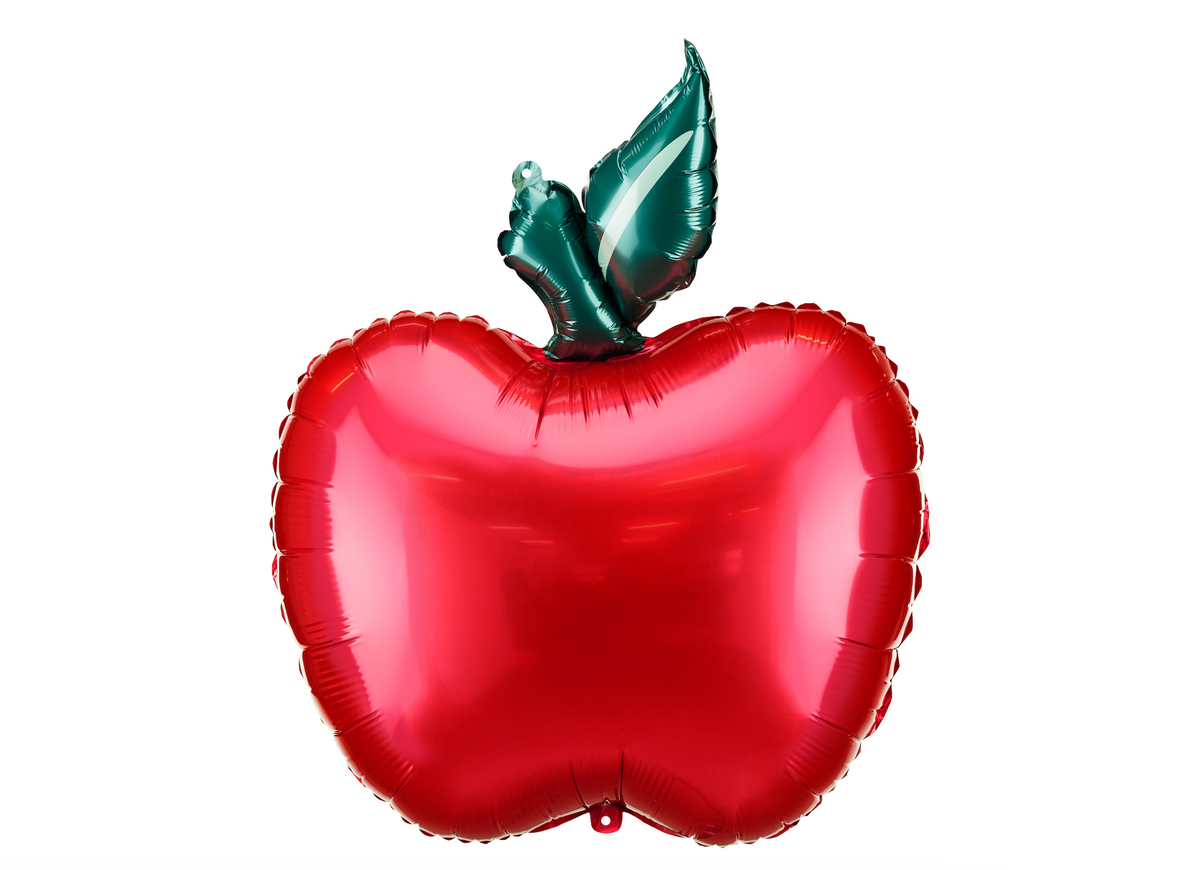 Red apple-shaped balloon with a green stem on a white background