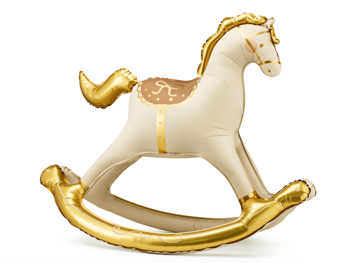 Decorative rocking horse with gold accents on a white background