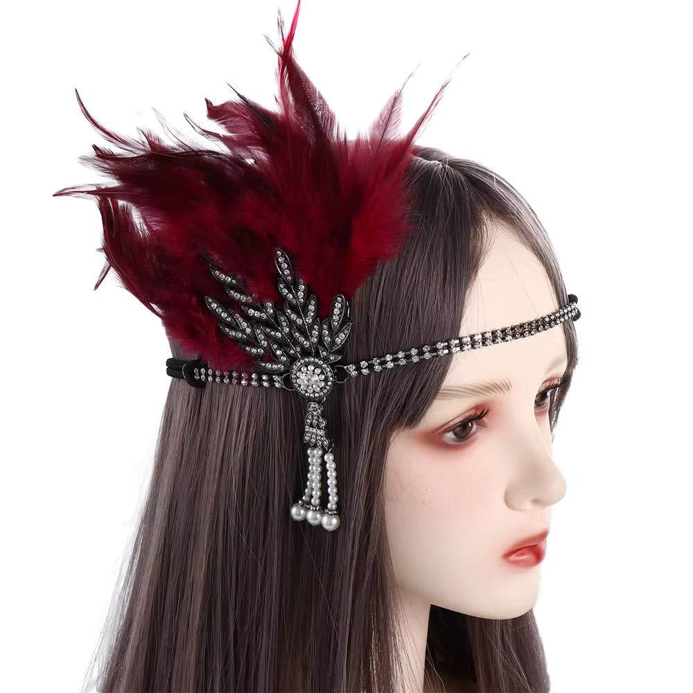 Burgundy Feather &amp; Rhinestone Headband