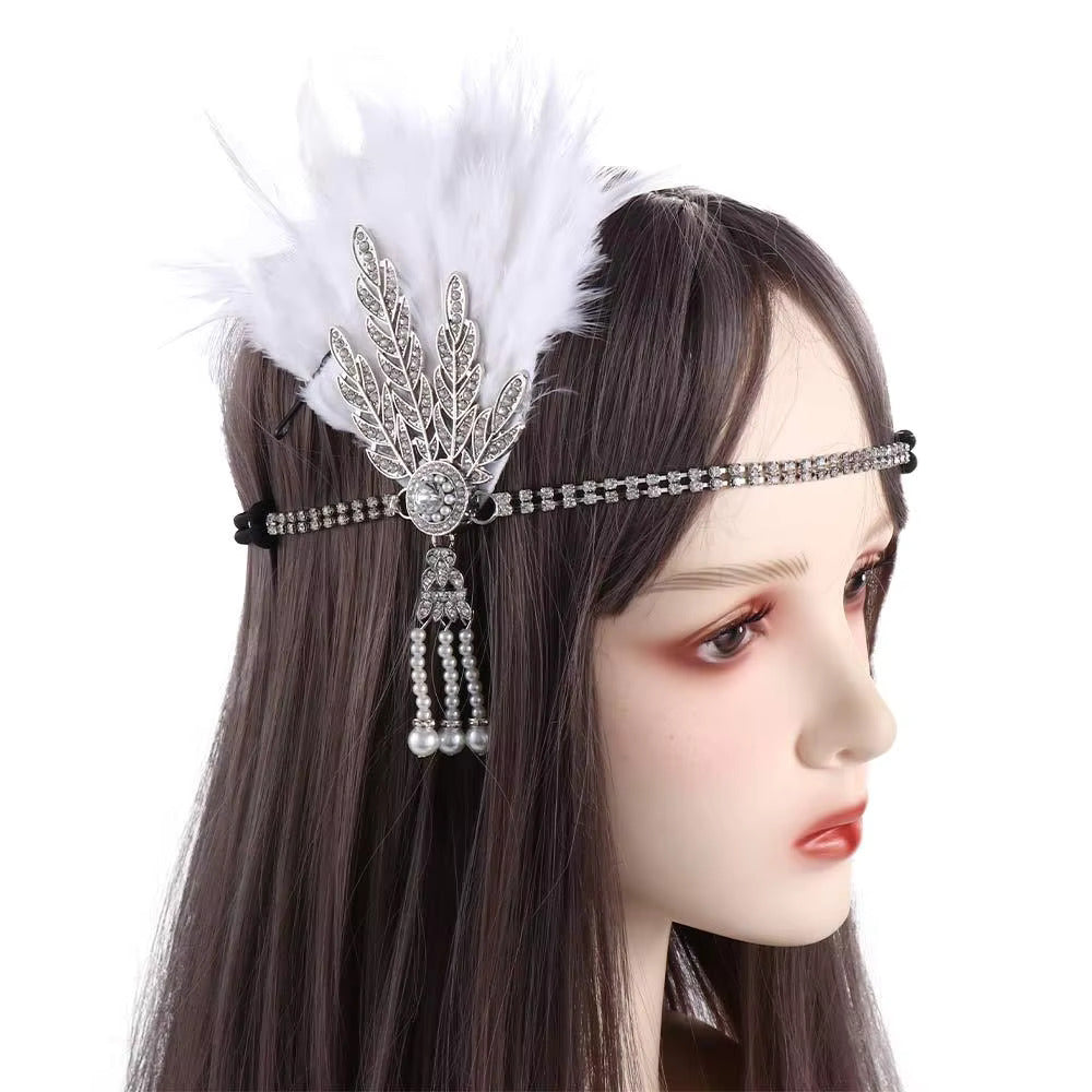White Feather & Rhinestone Headband