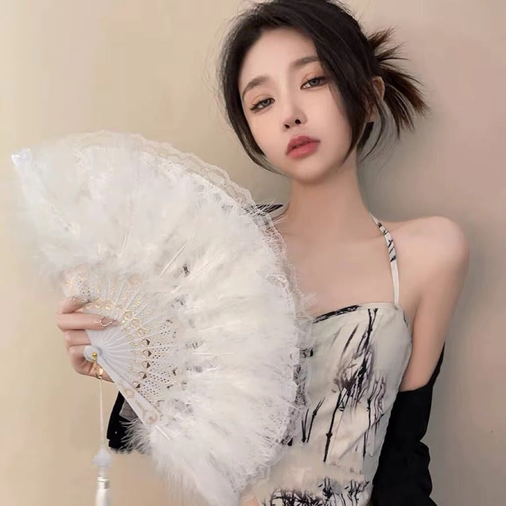 Vintage White Feather Hand Fan