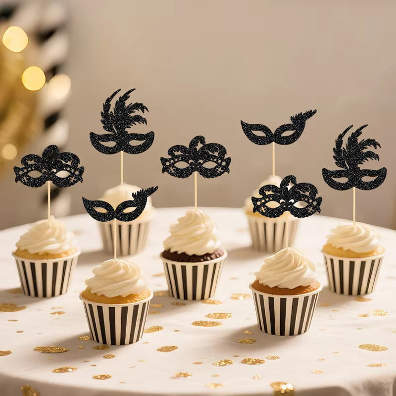 Black Glitter Masquerade Mask Toppers