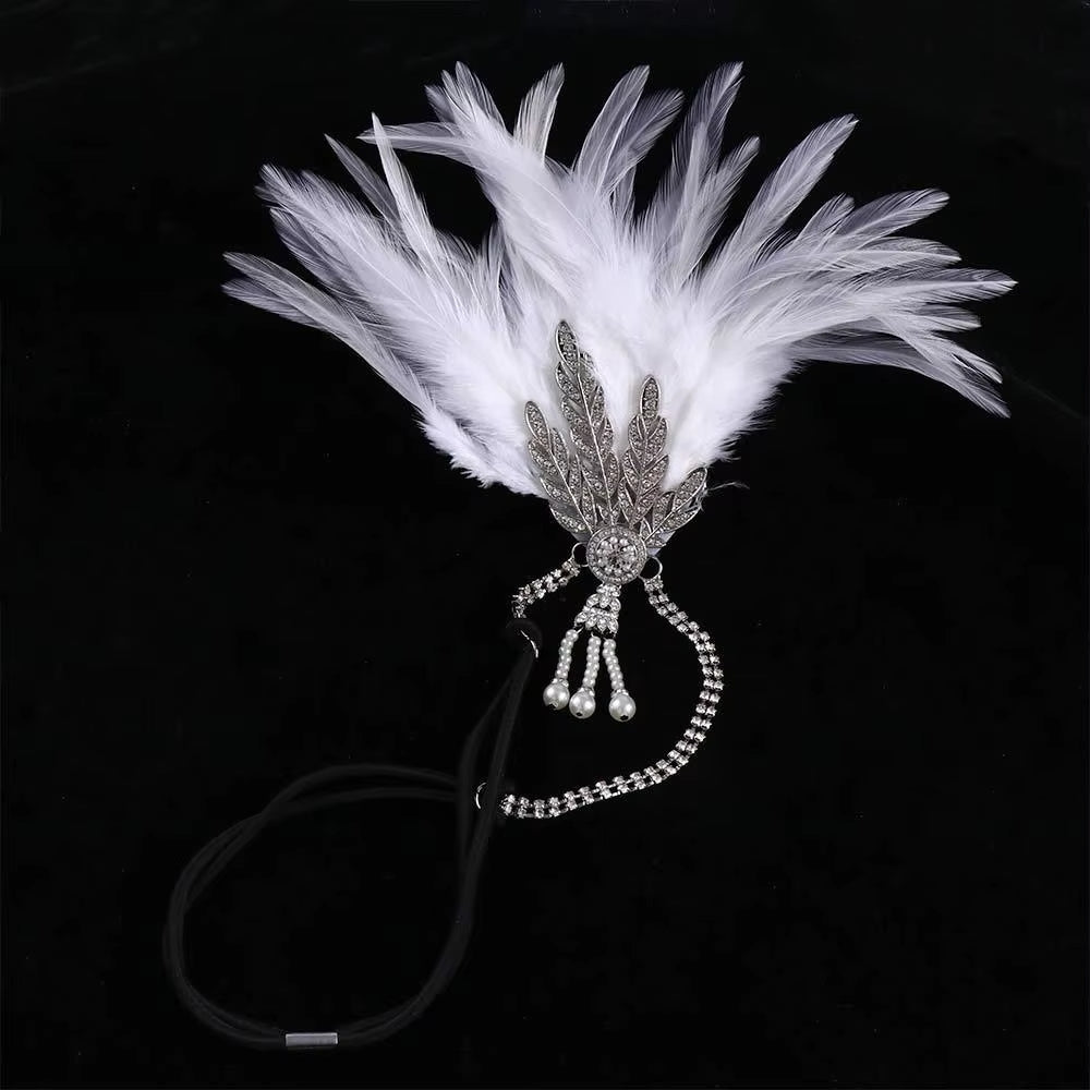 White Feather & Rhinestone Headband