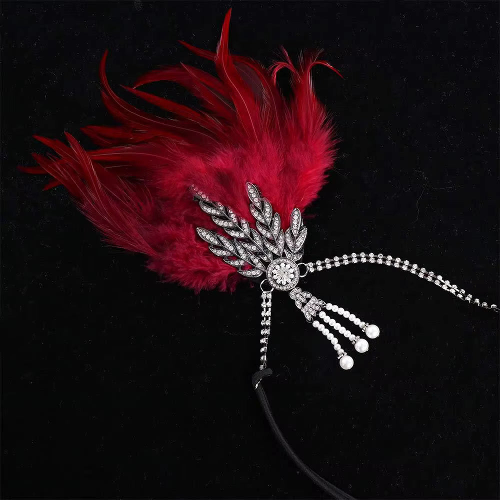 Burgundy Feather &amp; Rhinestone Headband