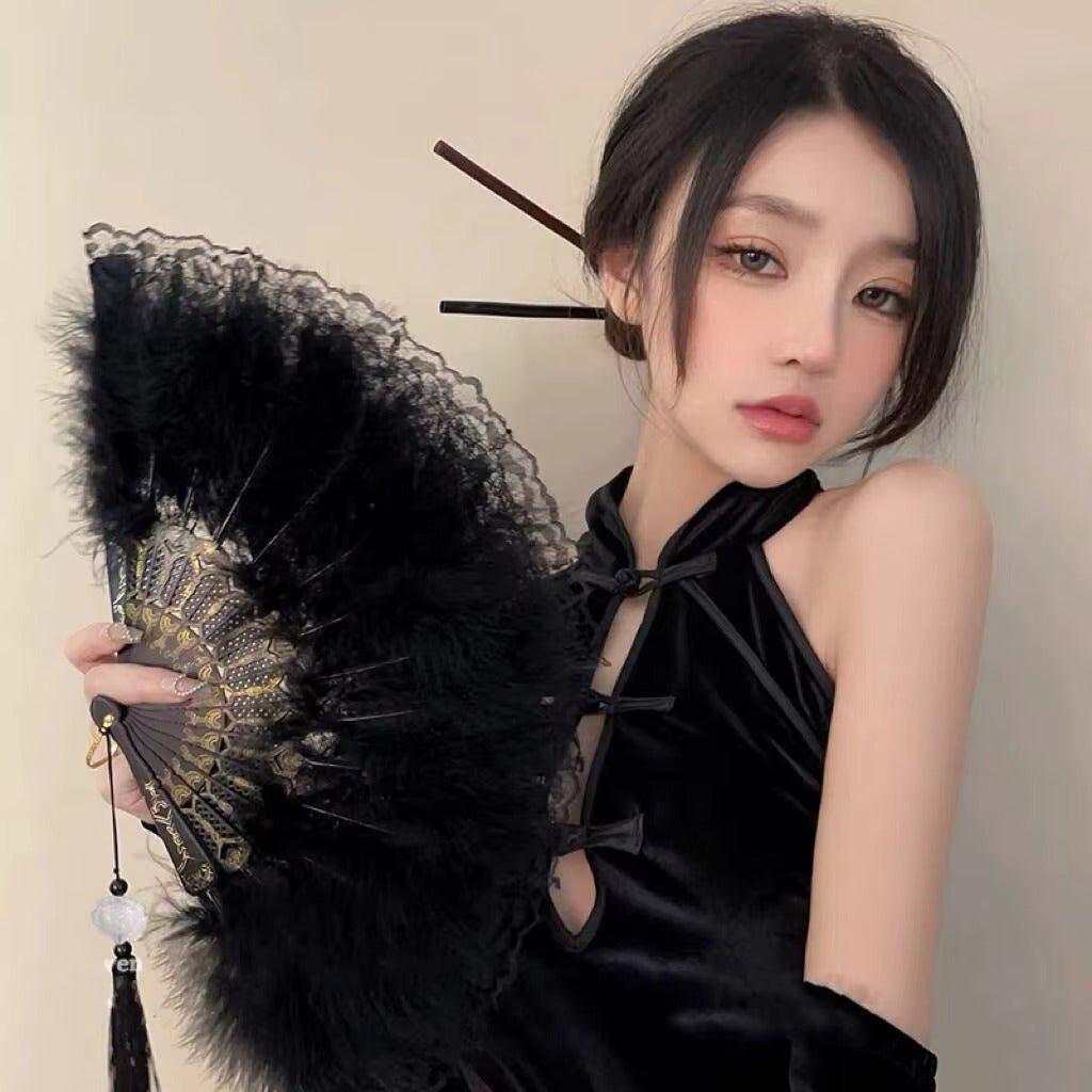 Vintage Black Feather Hand Fan