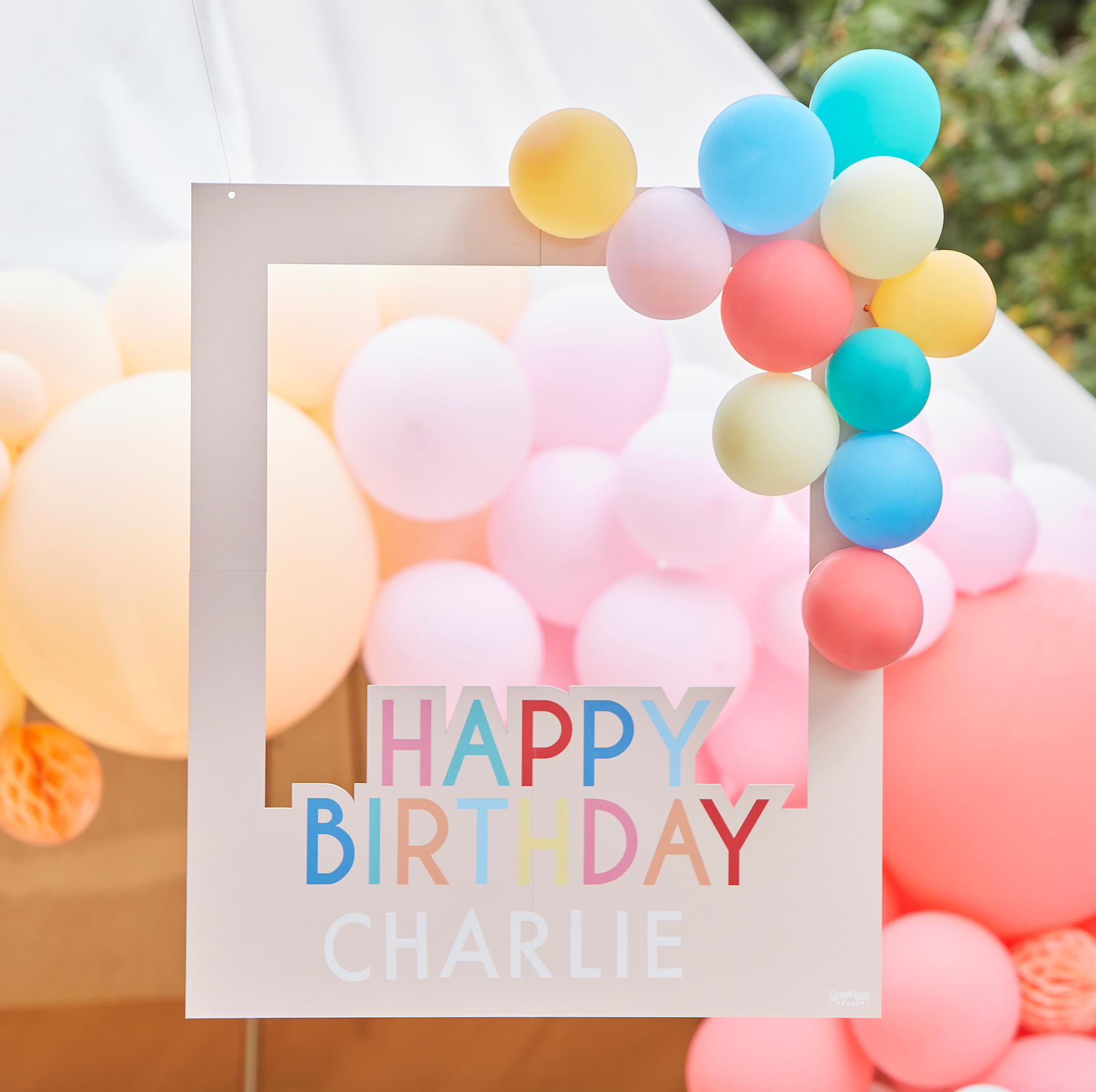 Customizable Multicolored Happy Birthday Photo Booth Frame with Balloons