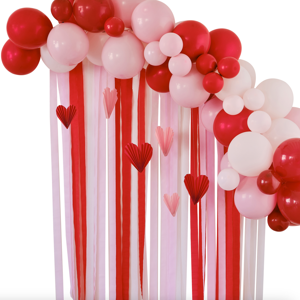 Red &amp; Pink Balloon Arch Party Backdrop with Streamers and Heart Decorations